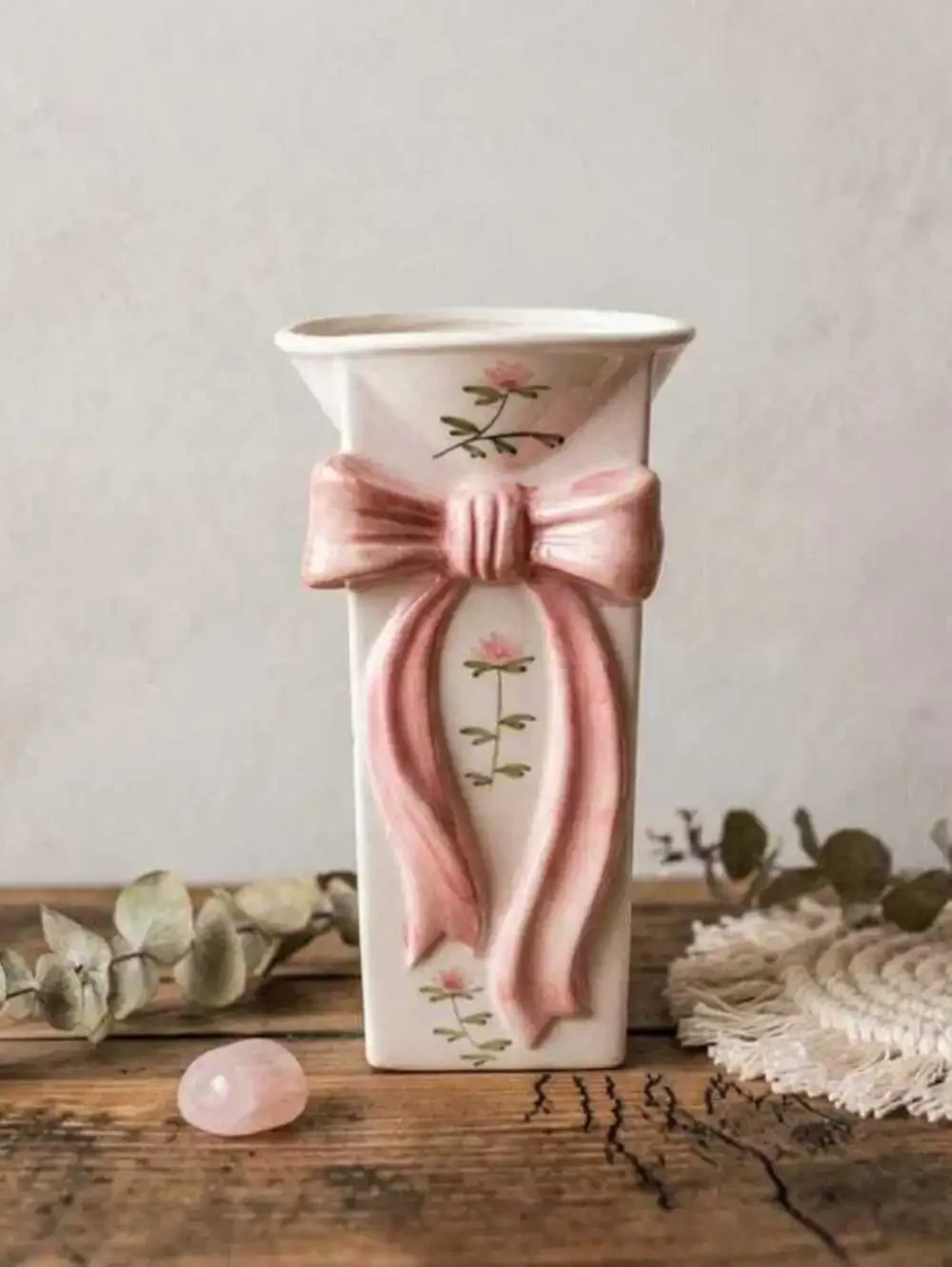 Coastal Granny Decor Rose Motif Vase, Pink Ceramic, Small Mantel Accent